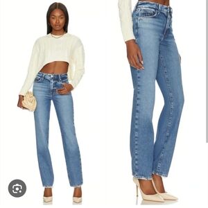 Good American Good Icon Natural Fray Hem Straight Leg High Rise Jeans